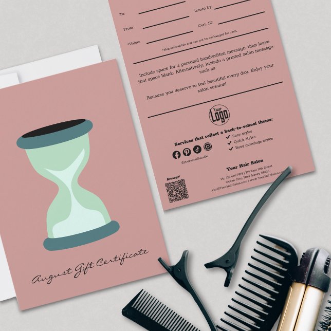 QR Code Services Nota Certificado de regalo de ago (Hairstylist QR Code Services Note August Gift Certificate, Back to School, Hourglass)