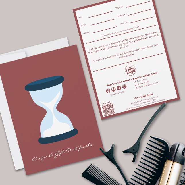 QR Code Services Nota Certificado de regalo de ago (Stylish QR Code Services Note August Gift Certificate, Smoky Topaz & White, Hourglass)