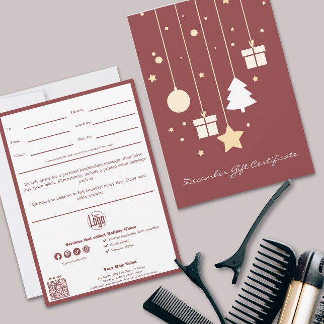 QR Code Services Nota Certificado de regalo de dic (QR Code Services Note December Gift Certificate, Smoky Topaz & White, Hairstylist Holiday Glam)