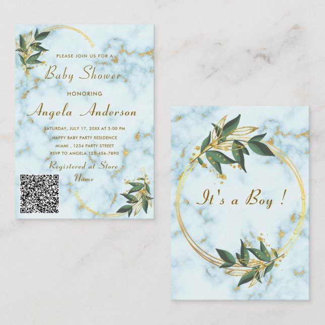 QR Código Marble Dorado Niño Bebé Invitación a duc (Anverso / Reverso)