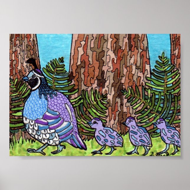Quail morado de California con bebés Mini arte fol (Frente)