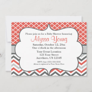 Quatrefoil de color gris coral Invitación a Chevro