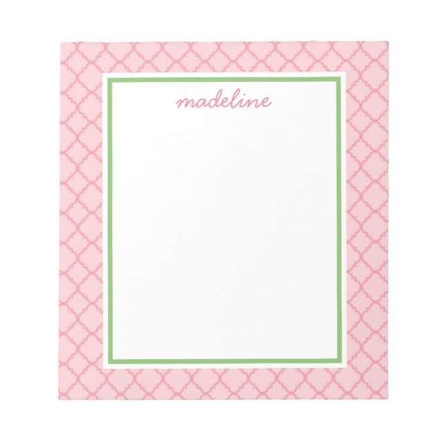 Quatrefoil rosa | Bloc de notas rosa y verde (Frente)