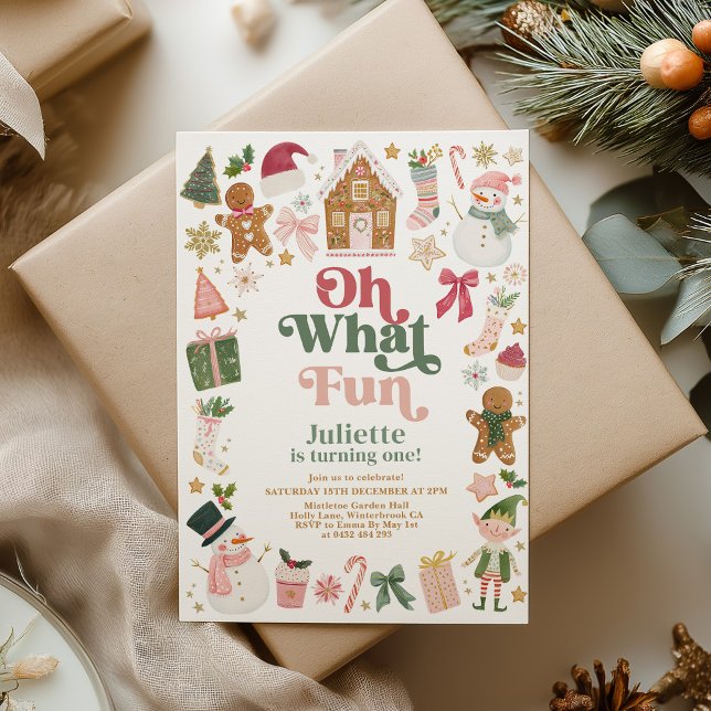 ¡Qué Diversión! Invitación de cumpleaños número 1  (Oh What Fun! Christmas 1st Birthday Party Invitation December Baby )