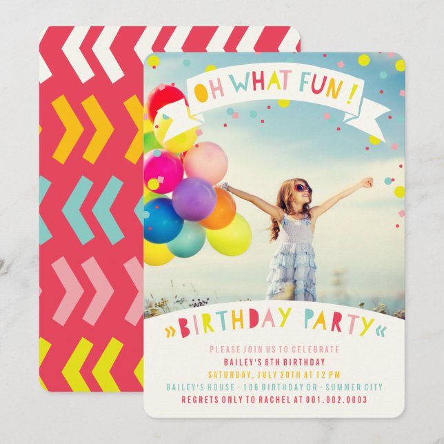 Qué Diversión Invitación de Cumpleaños para Niña C (Anverso / Reverso)