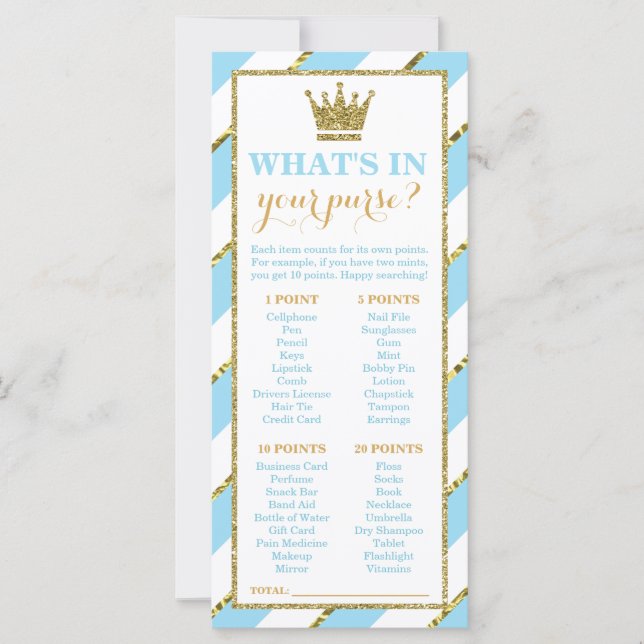 ¿Qué hay en tu bolso? Juego Baby Shower, Prince (Anverso)