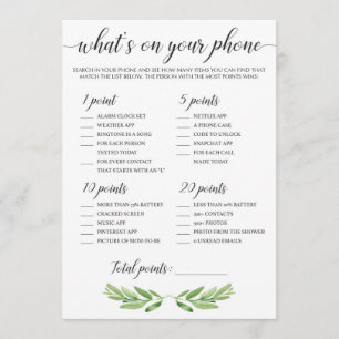 Qué hay en tu teléfono Baby Shower Game Green Leav