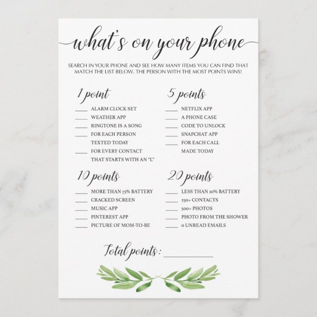 Qué hay en tu teléfono Baby Shower Game Green Leav (Anverso)