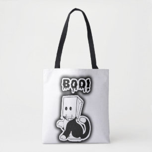 ¡Qué lindo "Boo!" Gato negro con máscara de bolsa