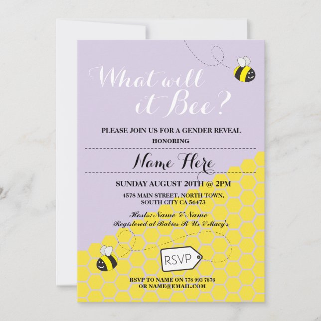¿Qué será Bee? Invitación a Fiesta Baby Shower mor (Anverso)
