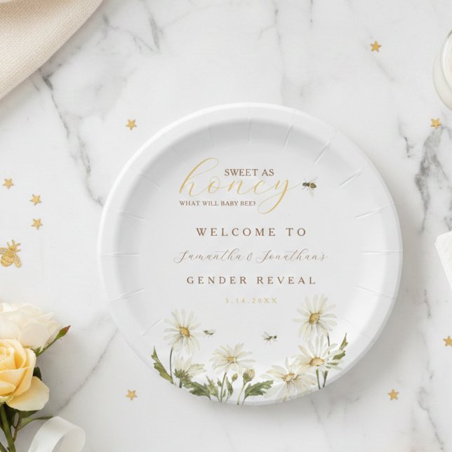 Qué será el género del bebé Platos de papel para r (Sweet As Honey Gender Reveal Paper Plate)