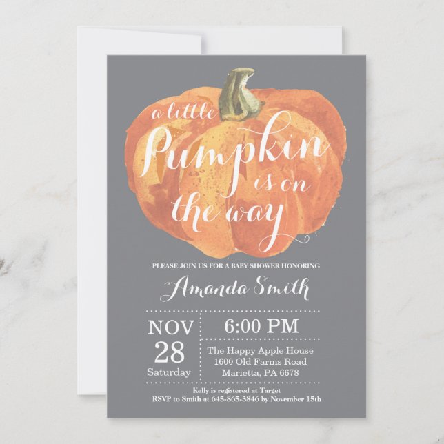 Quebrada de calabaza Invitación a Baby Shower Gris (Anverso)