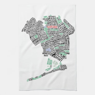 Queens, toalla de té del mapa de la tipografía d