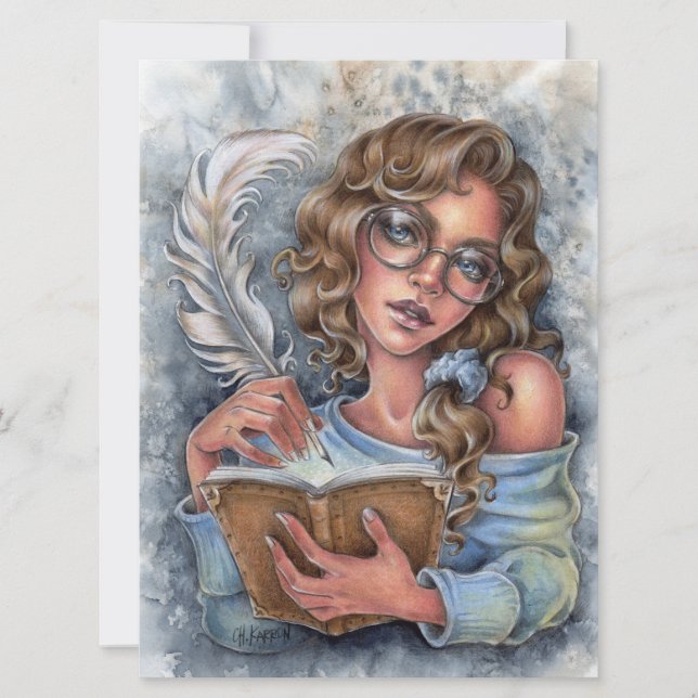 Querida escritora diaria Feather Pen Book Art Card (Anverso)