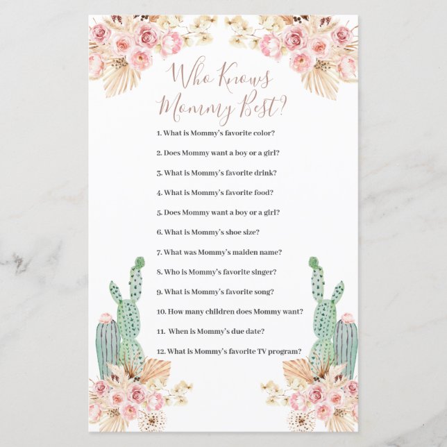 Quién conoce a mamá mejor juego Boho Cactus hoja d (Anverso)