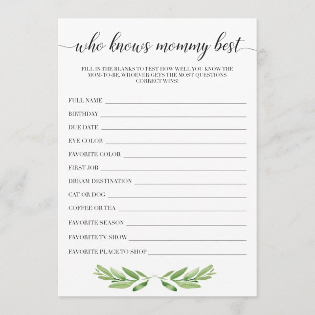 Quién conoce a mi mejor carta de juegos de Baby Sh (Anverso)