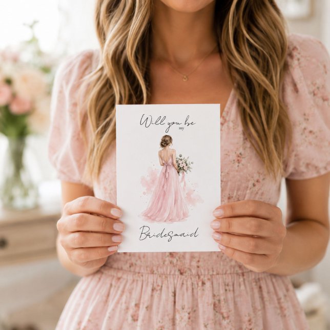 ¿Quieres ser mi tarjeta de propuesta de dama de ho (Elegant "Will You Be My Bridesmaid" greeting card featuring a graceful blush pink watercolor. )