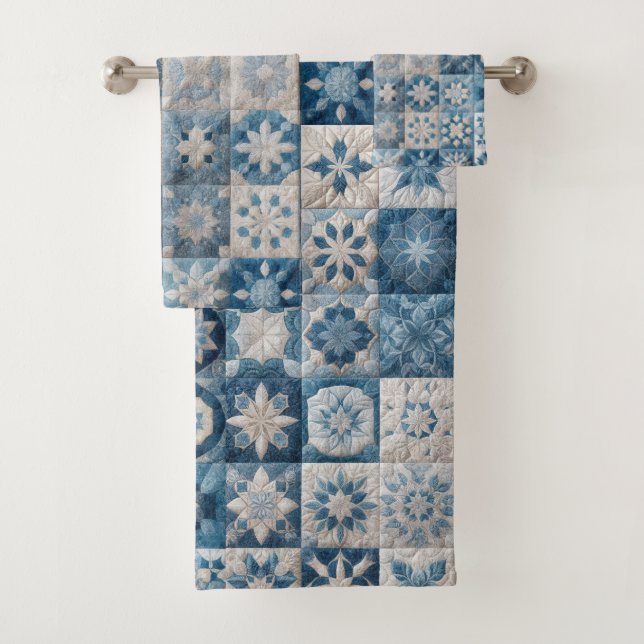 Quilt de copo de nieve azul y blanco (In situ)