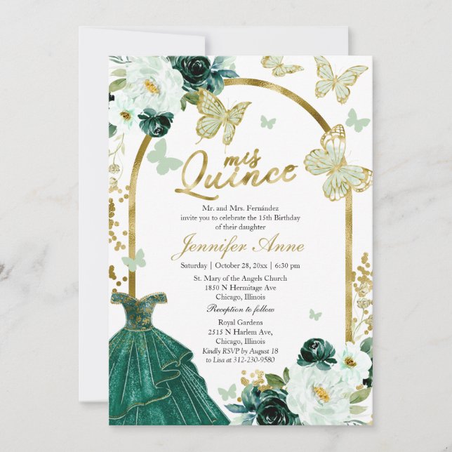 Quince de mariposa invitaciones bilingües (Anverso)
