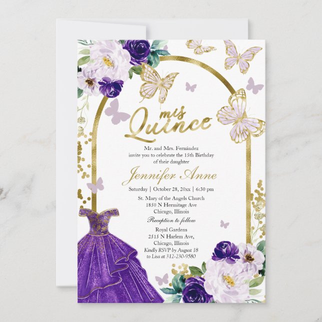 Quince de mariposa invitaciones bilingües moto mor (Anverso)