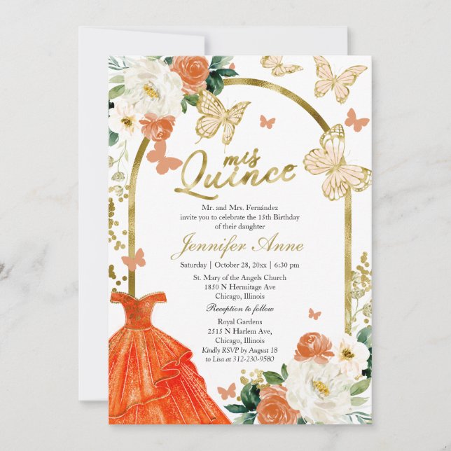 Quince de mariposa invitaciones Naranja Vestido fl (Anverso)