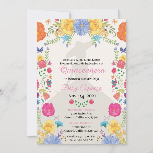 Quinceañera Invitation multi color, flowers  (Anverso)