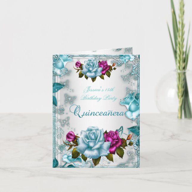 Quinceanera 15ª Invitación Rosa Blanco Azul Verde  (Anverso)