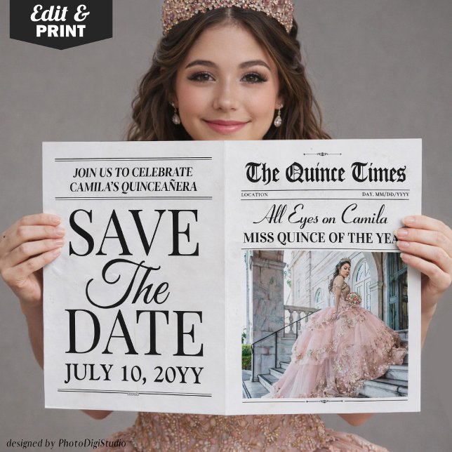 Quinceañera Anuncio de Fecha de la Fiesta Sesión d (Quinceañera Save the Date Newspaper Photoshoot Card)