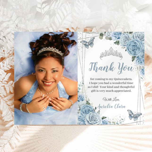 Quinceañera Bebé Floral Azul Foto Gracias Tarjeta (baby blue roses floral Quinceañera sweet 16 birthday photo picture thank you cards printed download)