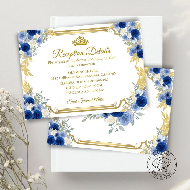 Quinceanera Blue Gold Floral Enclosure Card (Subido por el creador)