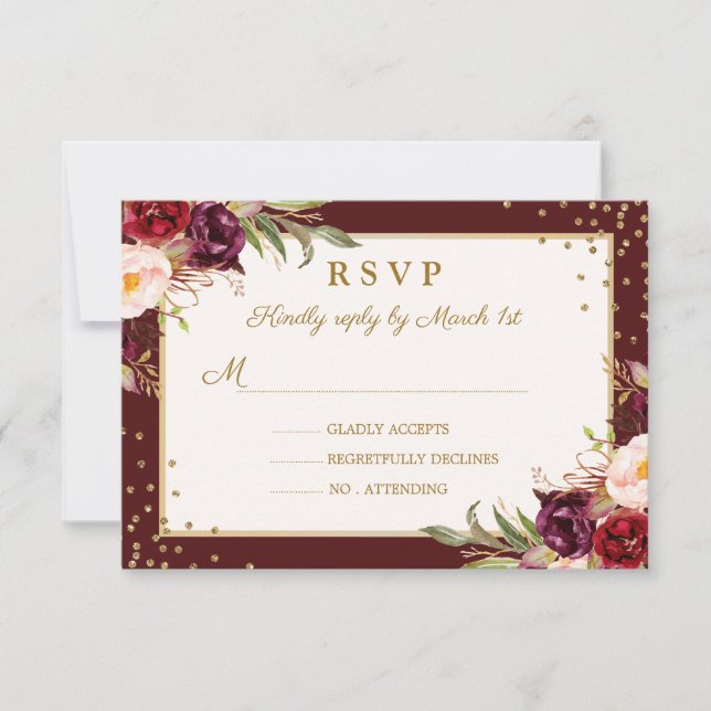 Quinceanera Burgundy Gold floral Sparkle RSVP (Anverso)