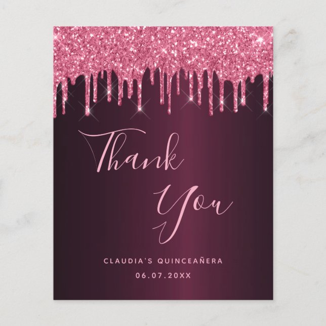 Quinceanera burgundy nombre rosa tarjeta de agrade (Anverso)