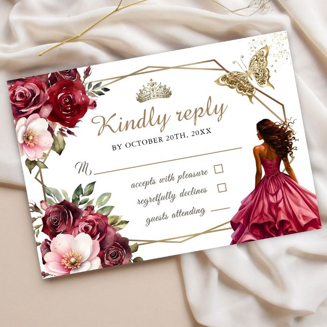 Quinceañera Burgundy Rubor Floral Princesa Rsvp (Subido por el creador)