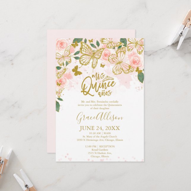 Quinceanera Butterfly Invitación al inglés (Anverso/Reverso In Situ)