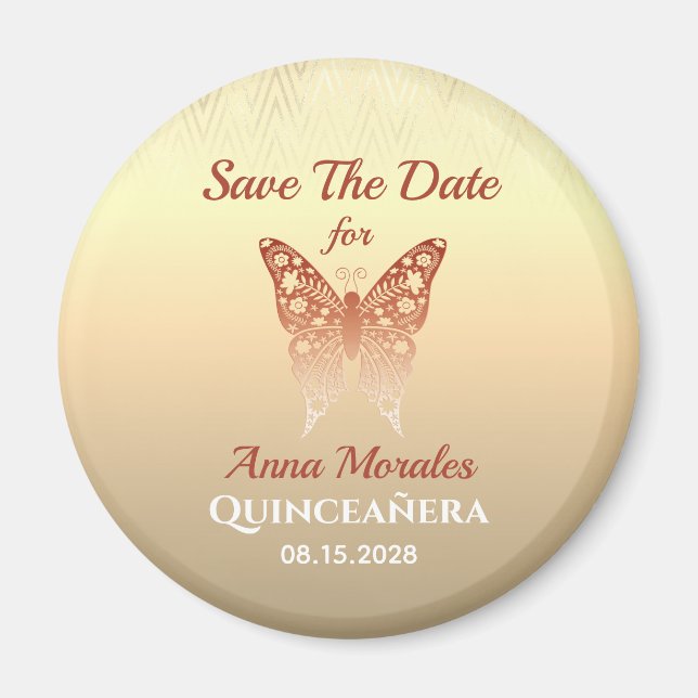 Quinceanera De Oro Rosa Ahorra El Imán De Fecha (Frente)