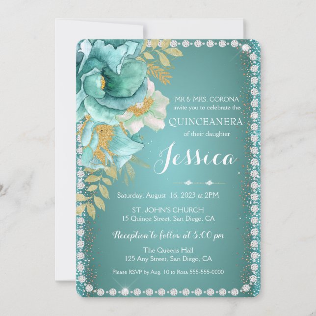 Quinceanera Elegante Verde azulada Invitación a la (Anverso)