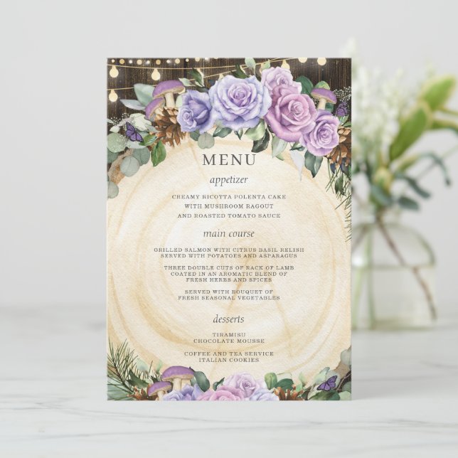 Quinceañera Encantada Selva Morado Menú Floral (Anverso de pie)