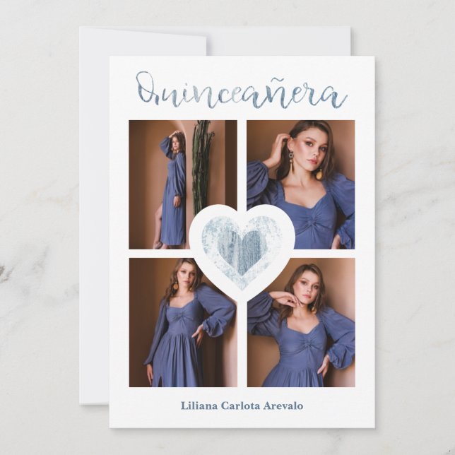 Quinceañera Español Tendencia Corazón Azul 4 Fotos (Anverso)