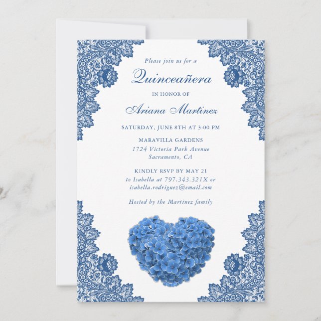 Quinceañera floral azul Invitación a los 15 años (Anverso)