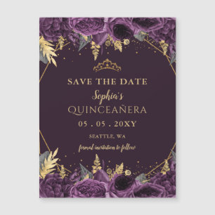 Quinceañera floral de oro púrpura salva la fecha