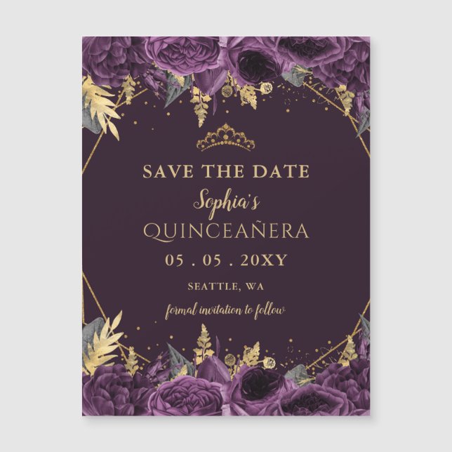 Quinceañera floral de oro púrpura salva la fecha (Anverso)