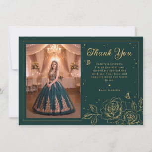 Quinceañera floral verde y dorada