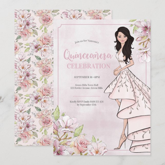 Quinceañera Glamour Chica 15ª invitación de cumple (Anverso / Reverso)