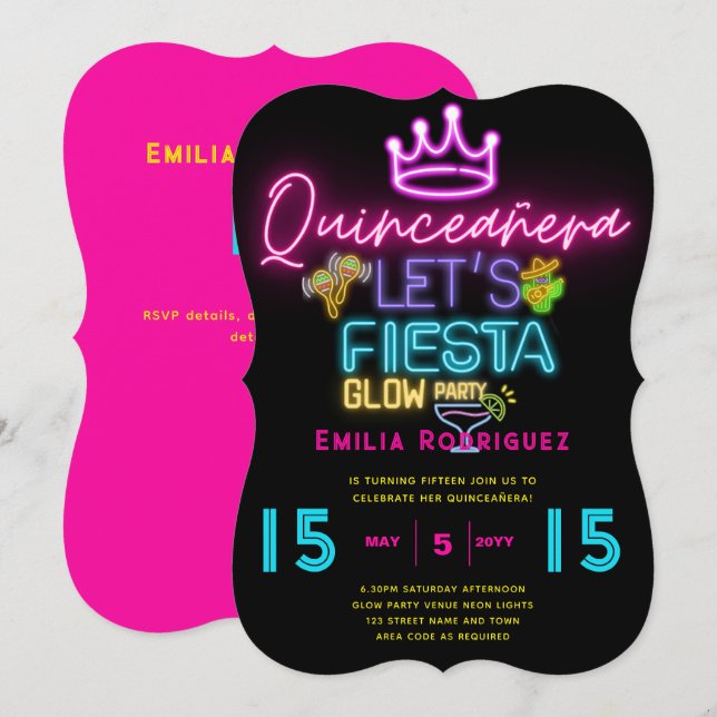 QUINCEAÑERA Glow Fiesta Invitación Fiesta de Neón (Anverso / Reverso)
