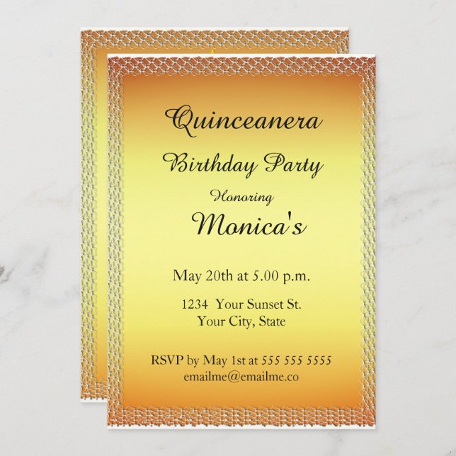 Quinceanera Gold Birthday Party 2 Invitación (Anverso / Reverso)