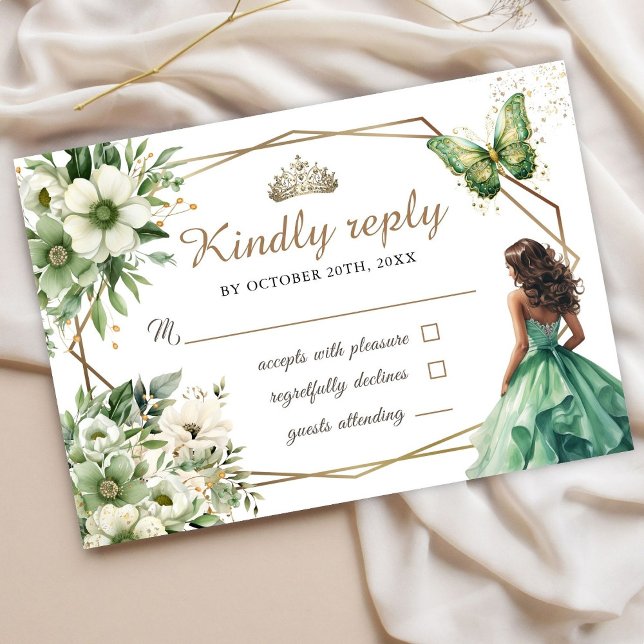 Quinceañera Green Gold Tiara Floral Mariposa Rsvp (Subido por el creador)
