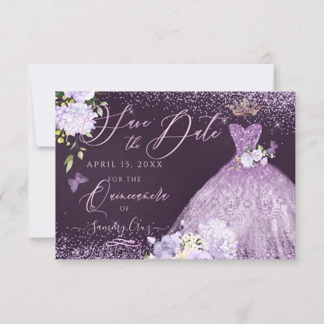 Quinceanera Guardar la invitación a la bata púrpur (Anverso)