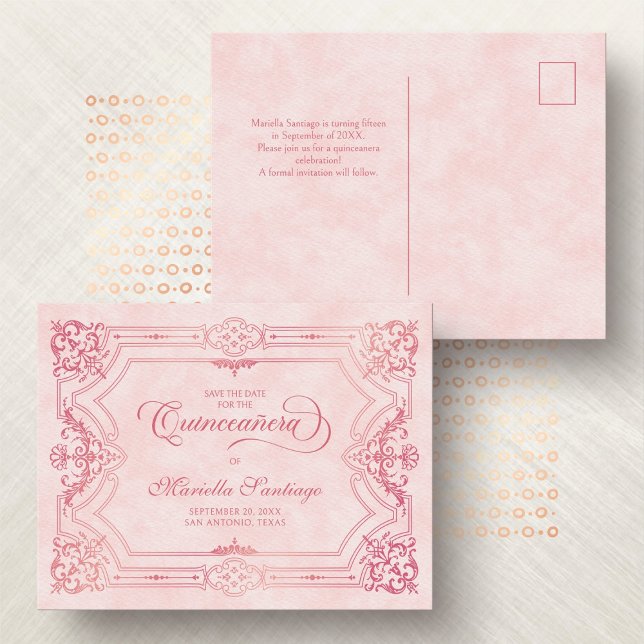 Quinceanera Guardar la tarjeta postal rosa de fech (Subido por el creador)