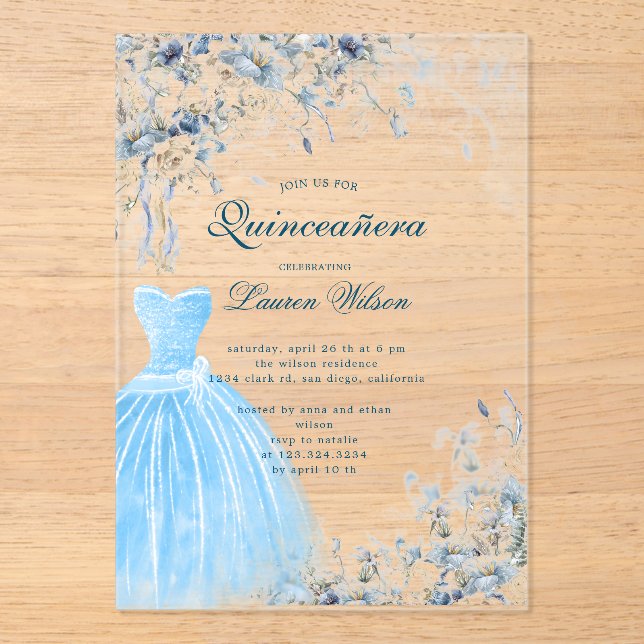 Quinceañera Invitación de color azul polvoriento (Anverso)