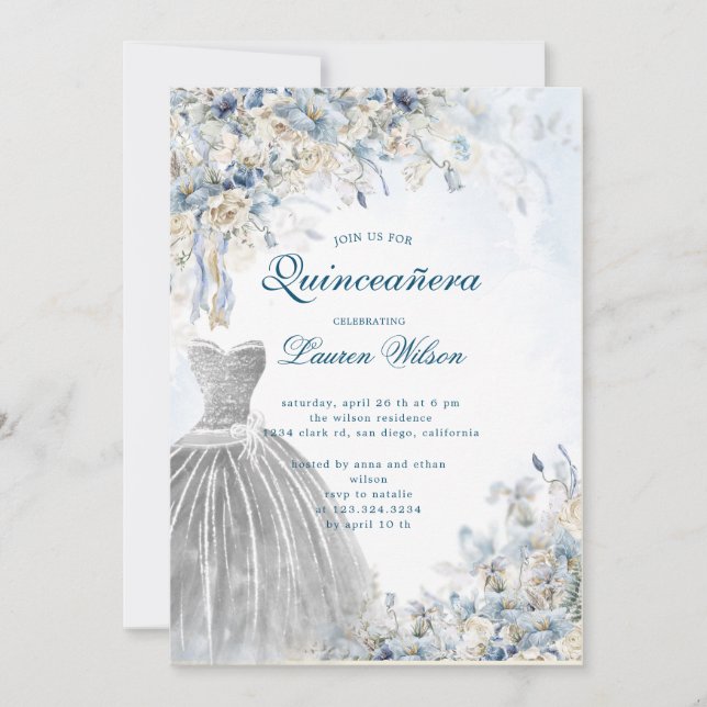 Quinceañera Invitación de color azul polvoriento (Anverso)
